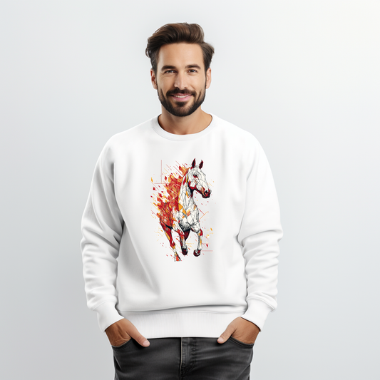 Baltas vyriškas džemperis su abstrakčiu žirgo piešiniu ir ugnies elementais iš Naujausi dizainai 2026 kolekcijos