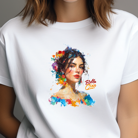 Balti moteriÅ”ki marÅ”kinÄliai su meniniu spalvotu moters portretu ir tekstu iÅ” Naujausių dizainų 2026 kolekcijos