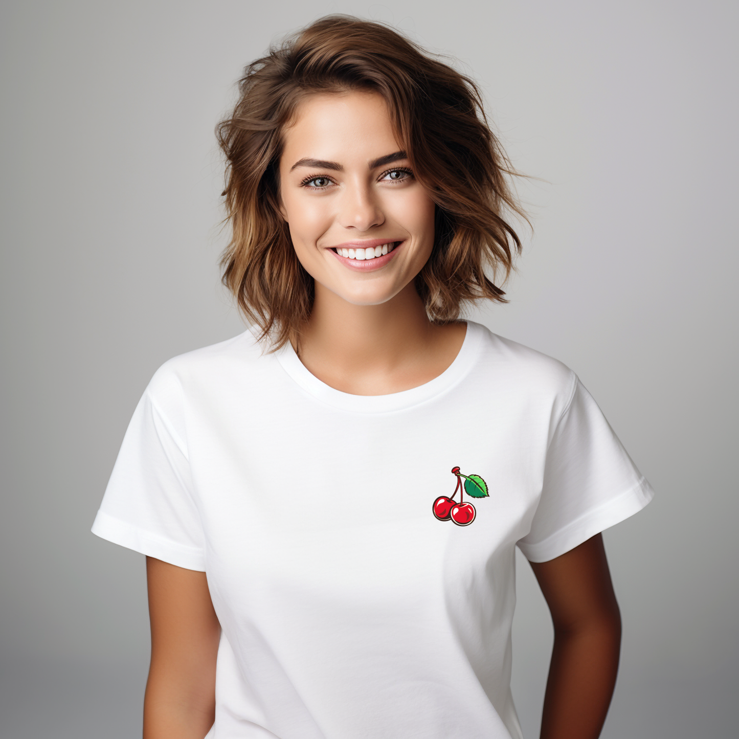 Balti moteriški marškinėliai su nedideliu vyšnių piešiniu iš Vasaros kolekcijos 2024 metų