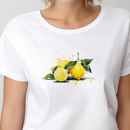 Balti moteriÅ”ki marÅ”kinÄliai su akvareline geltonų citrinų kompozicija iÅ” Naujausių dizainų 2026 kolekcijos