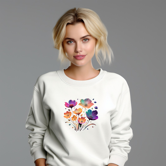 Moteriškas džemperis "Light Flowers" su spalvingu gėlių piešiniu. Stilingas ir patogus drabužis kasdienai ar šventei. Unikalus designedbyme.lt kūrinys, atspindintis šiuolaikinės mados tendencijas. Moteriški džemperiai, Perkamiausi džemperiai, Naujausi dizainai, Kalėdinių džemperių kolekcija