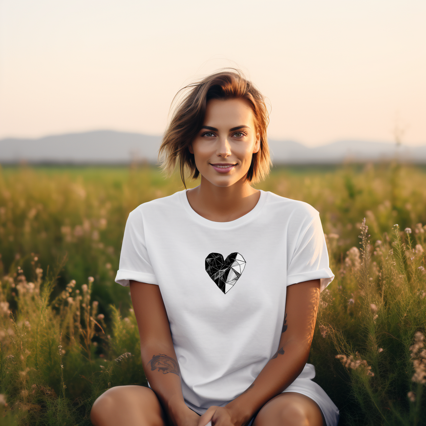 Stilingi balti marškinėliai su unikaliu pieštuko širdies dizainu, dėvimi lauke saulėtą dieną, puikiai tinka kūrybiškoms asmenybėms. Designedbyme.lt originalus kūrinys, tobula dovana draugei ar sau. Praktiškas ir modernus pasirinkimas, , FINALINIS IŠPARDAVIMAS! NUOLAIDOS IKI -80%