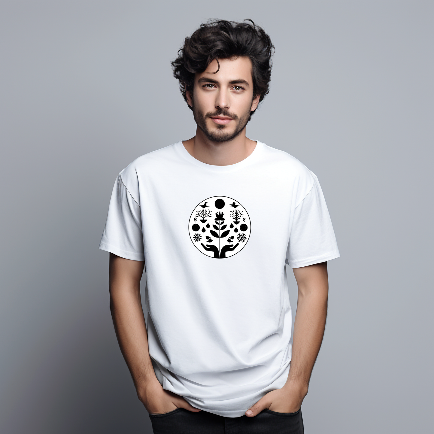 Balti vyriški marškinėliai su apvaliu juodu gėlių ir gamtos motyvu iš Naujausių dizainų 2026 kolekcijos