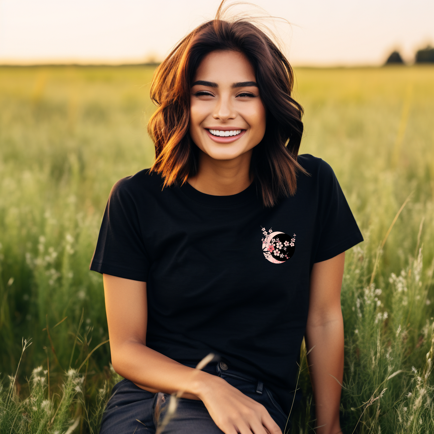 Juodi moteriški marškinėliai su stilizuotu sakuros žiedų dizainu, dėvimi laukuose. Modernūs, unikalūs ir patrauklūs, idealūs vasarai. Designedbyme.lt kokybė ir stilius viename. Moteriški marškinėliai, Vasaros kolekcija , BESTSELLER'iai , Naujausi dizainai