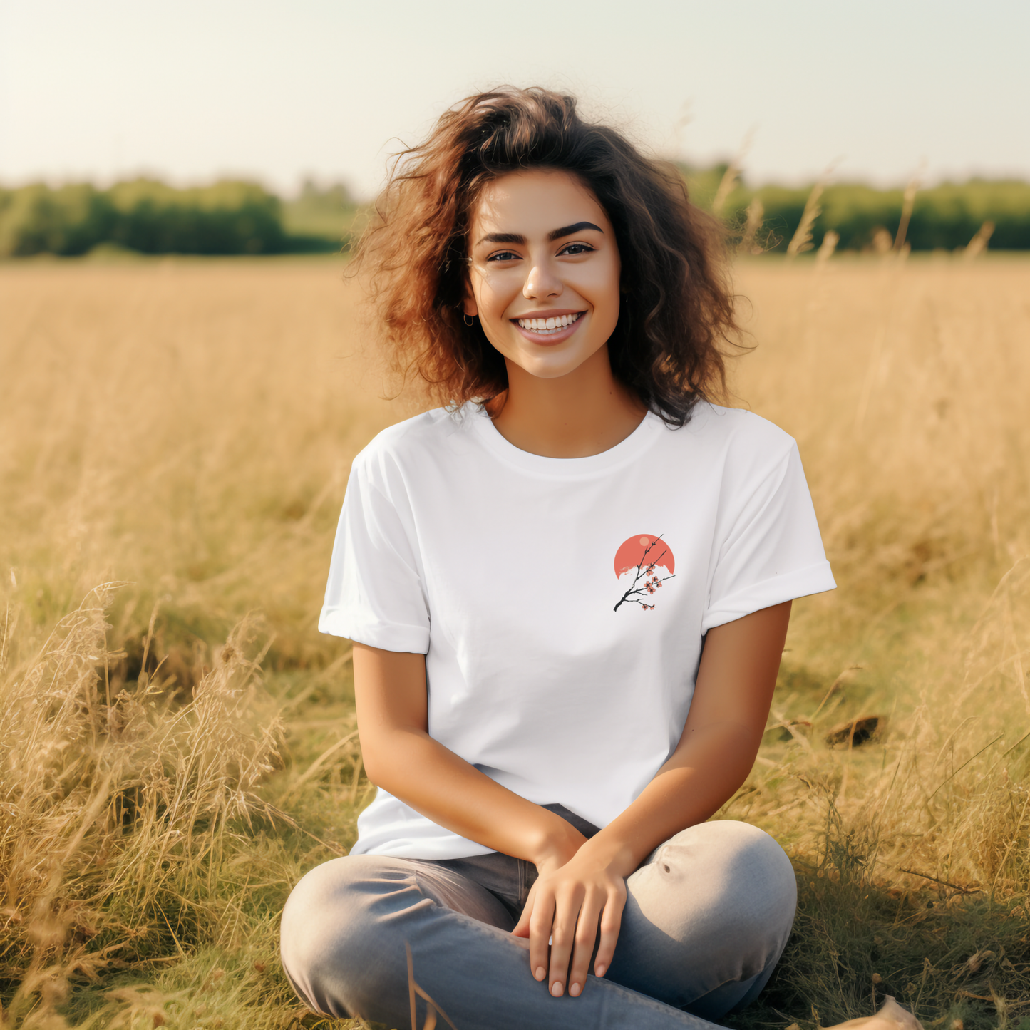 Balti moteriški marškinėliai su stilizuotu sakuros dizainu, demonstruojami saulėtoje laukų aplinkoje. Unikalus Designedbyme.lt kūrinys, atspindintis japonišką estetiką ir vasaros džiaugsmą. Idealus pasirinkimas moderniai ir originaliai moteriai, Moteriški marškinėliai, Vasaros kolekcija, BESTSELLER'iai, Naujausi dizainai