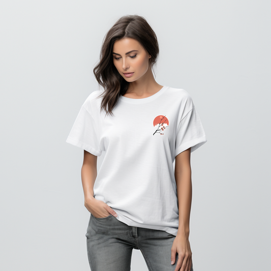 Stilingi balti moteriški marškinėliai su minimalistiniu japoniškos sakuros dizainu. Elegantiškas ir unikalus Designedbyme.lt kūrinys, tobulai tinkantis kasdienai ir ypatingoms progoms. Populiarus ir madingas pasirinkimas, Moteriški marškinėliai, Vasaros kolekcija, BESTSELLER'iai, Naujausi dizainai