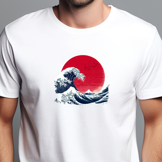 Balti vyriški marškinėliai su japoniškos bangos ir raudono saulės motyvu iš Naujausių dizainų 2026 kolekcijos