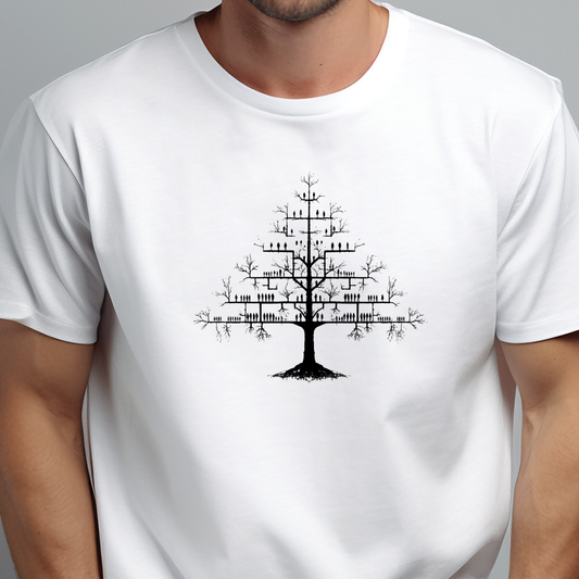 Balti vyriški marškinėliai su meniniu juodo medžio silueto piešiniu iš Naujausių dizainų 2026 kolekcijos