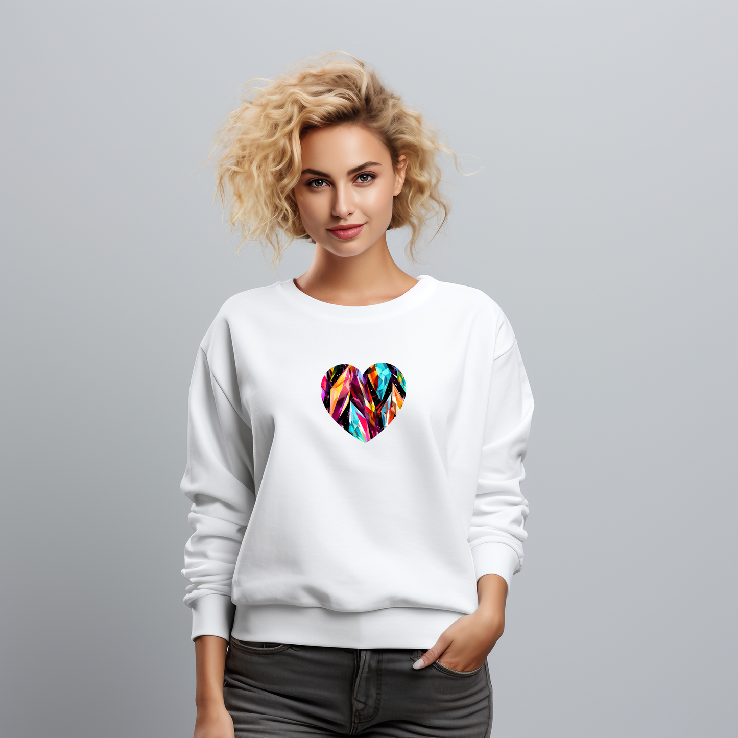 Moteriškas džemperis "Shard Hearth" – baltas su spalvingos mozaikos širdies dizainu, išraiškingas ir unikalus.