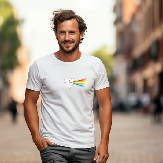Balti vyriški marškinėliai su linijiniu širdies ir ryškios vaivorykštės spalvų sklaidos dizainu iš Naujausių dizainų 2026 kolekcijos