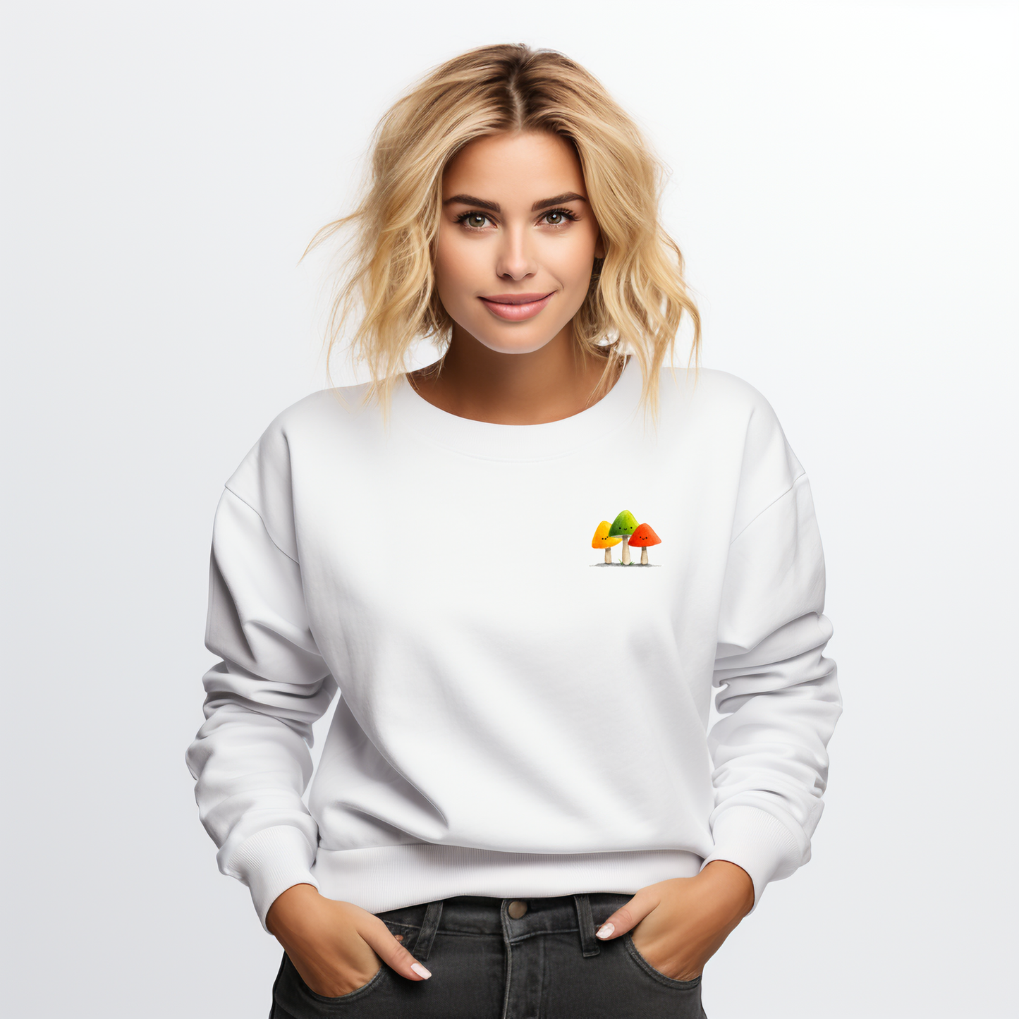 Balta moteriška palaidinė su spalvingu minimalistiniu grybų piešiniu iš Naujausias dizainas 2026 kolekcijos