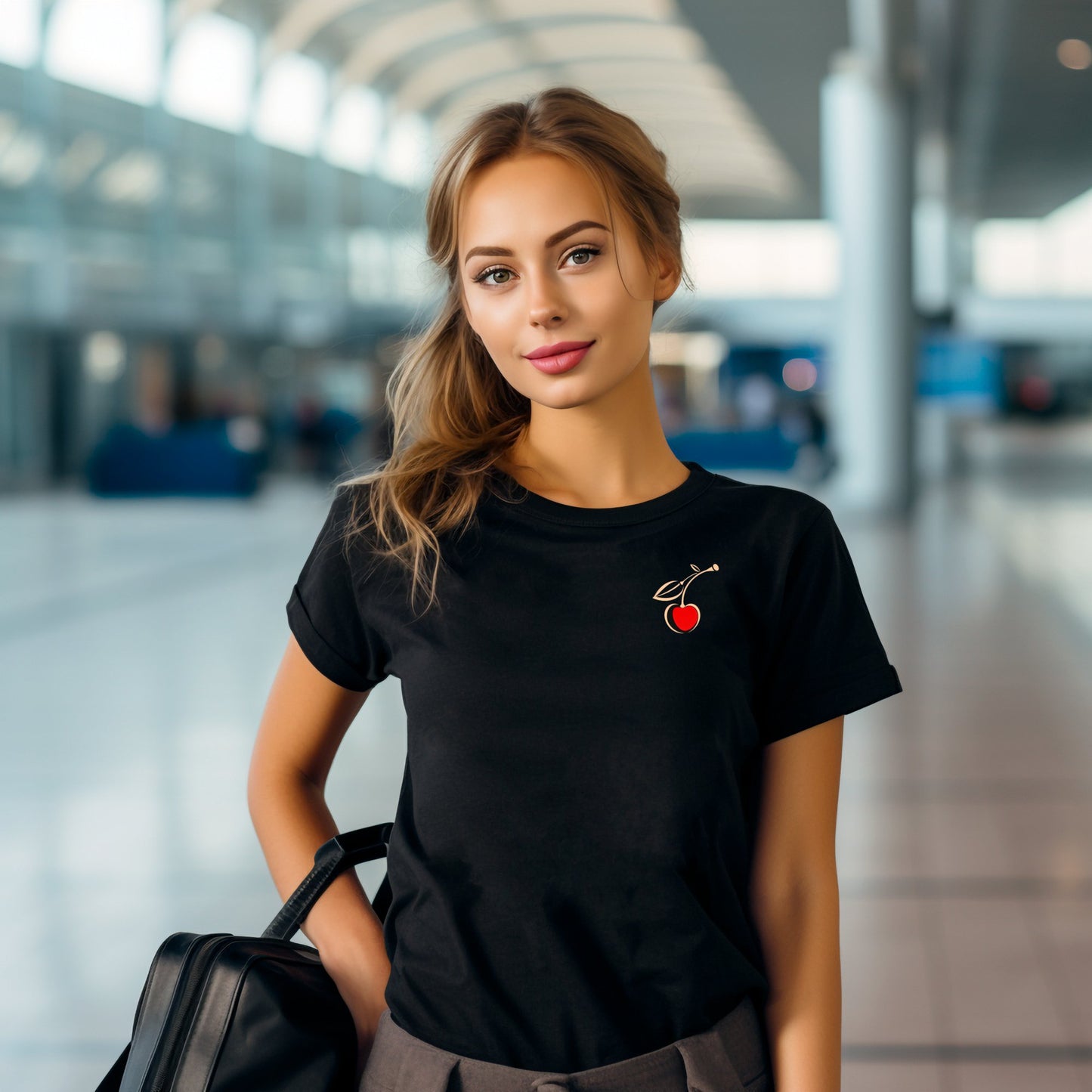 Stilingi juodi marškinėliai su žaismingu vyšnios motyvu, puikiai tinkantys kelionėms ir kasdieniam dėvėjimui. Designedbyme.lt originalus dizainas, atspindintis šiuolaikišką ir jaunatvišką stilių. Moteriški marškinėliai, Vasaros kolekcija, Populiariausi moteriški marškinėliai 2024, BESTSELLER'iai, Naujausi dizainai