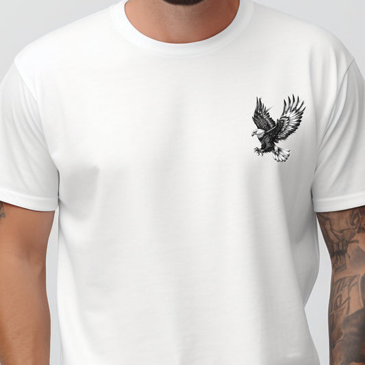 Vyriški marškinėliai "Eagle Fly" su erelio motyvu – stilizuotas ir įkvepiantis dizainas, skirtas suteikti laisvės jausmą. Designedbyme.lt, Vyriški marškinėliai, Visi produktai, Vasaros kolekcija