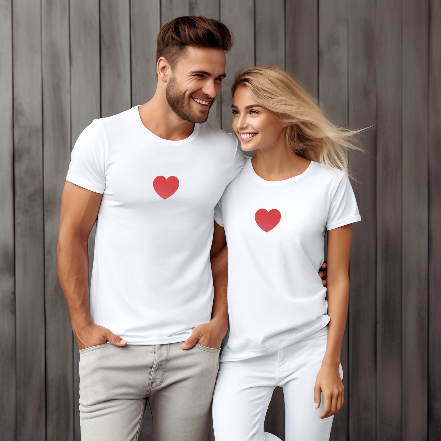 Šiuolaikiški balti marškinėliai poroms su raudonos širdies simboliu. Minimalistinis dizainas, populiarus tarp jaunų žmonių. Puiki dovana mylimam žmogui. Designedbyme.lt kokybė ir stilius. Marskineliai su užrašais, meilės išraiška, FINALINIS IŠPARDAVIMAS! NUOLAIDOS IKI -80%