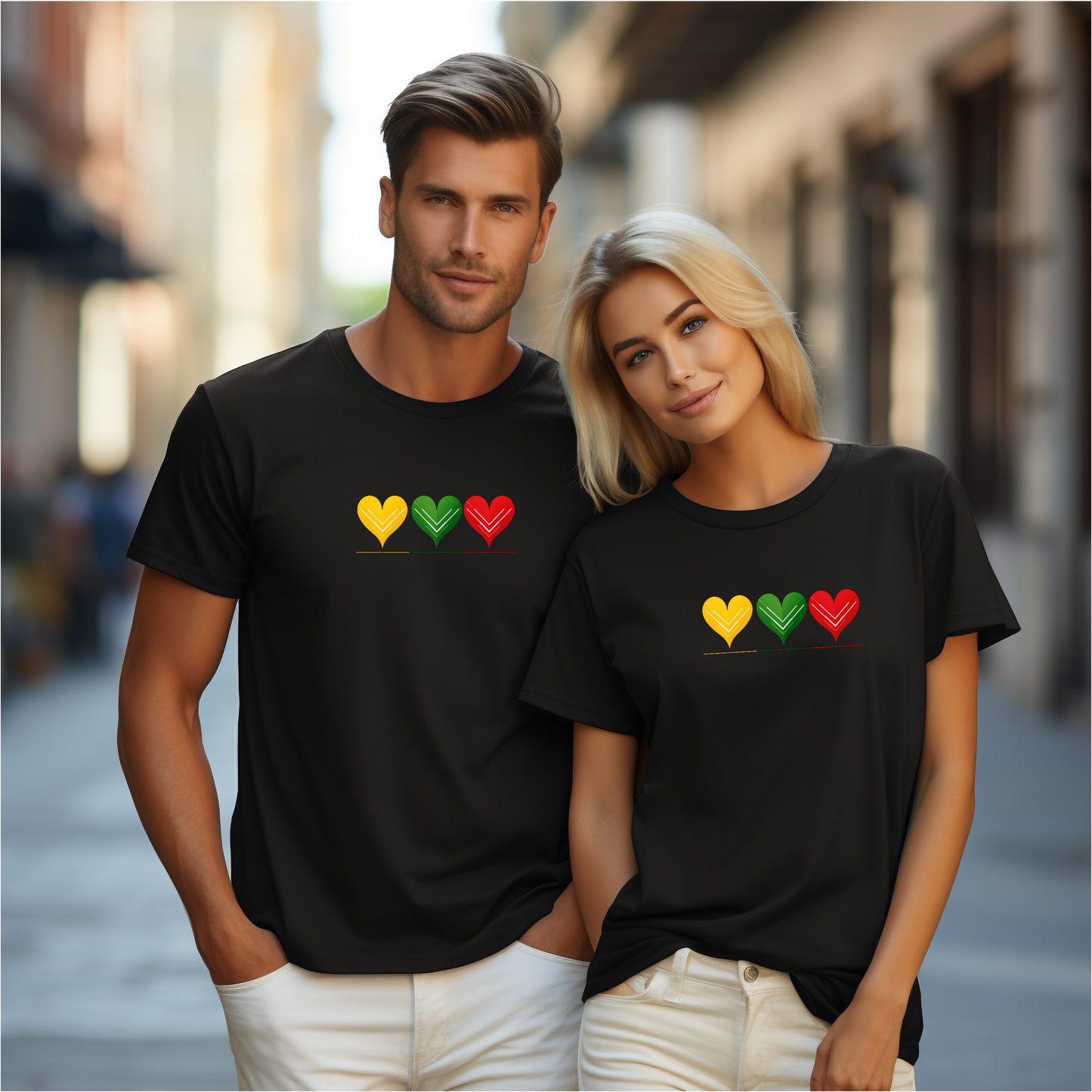 Juodi unisex marškinėliai su geltonos, žalios ir raudonos širdžių dizainu iš Šv. Valentino kolekcijos