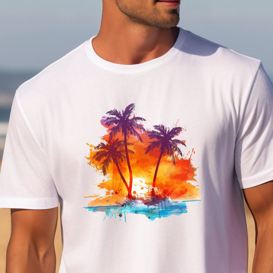 Vyriški marškinėliai „Sunset Paradise“ su spalvingu palmių ir saulėlydžio dizainu, pagaminti iš komfortiško audinio. Puikiai tinka tiek paplūdimiui, tiek miesto išvykoms, suteikia žaismingumo ir originalumo jūsų įvaizdžiui. Designedbyme.lt produktas, Vyriški marškinėliai, Visi produktai, Vasaros kolekcija