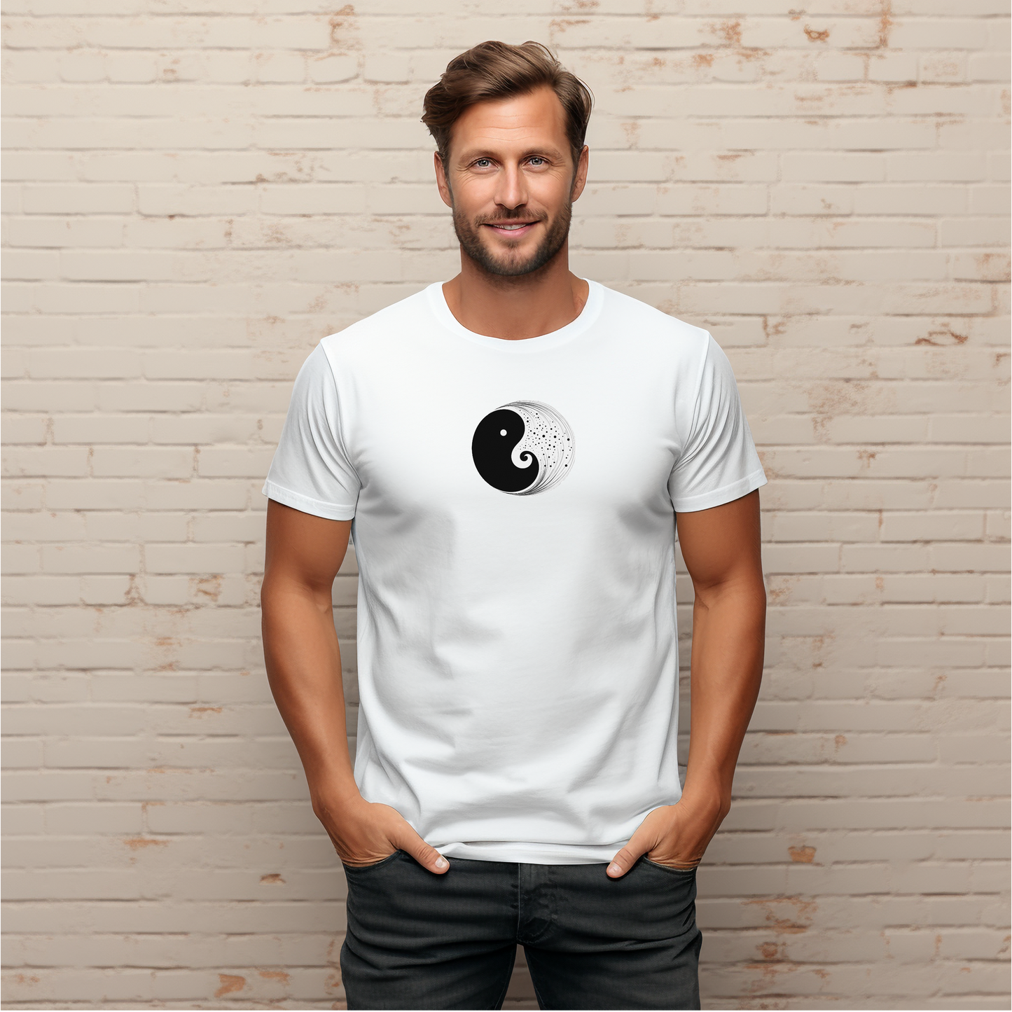 Baltų vyriškų marškinėlių su moderniu juodo ir balto Šviesos ir Tamsos simboliu iš Naujausių dizainų 2026 kolekcijos