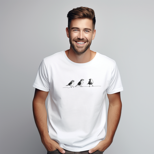 Balti vyriški marškinėliai su minimalistiniu juodai baltu trijų paukščių piešiniu iš Naujausių dizainų 2026 kolekcijos