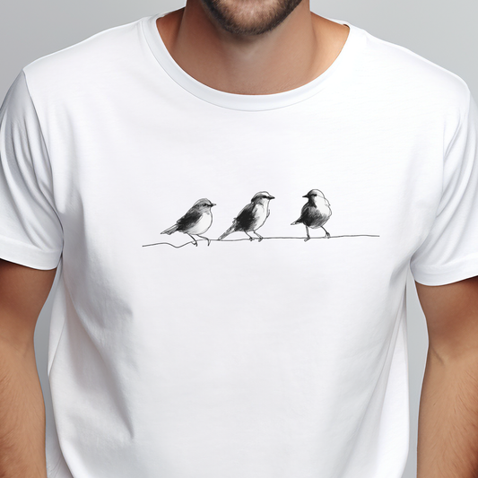 Balti vyriški marškinėliai su minimalistiniu rankų darbo paukščių piešiniu iš Naujausi dizainai 2026 kolekcijos