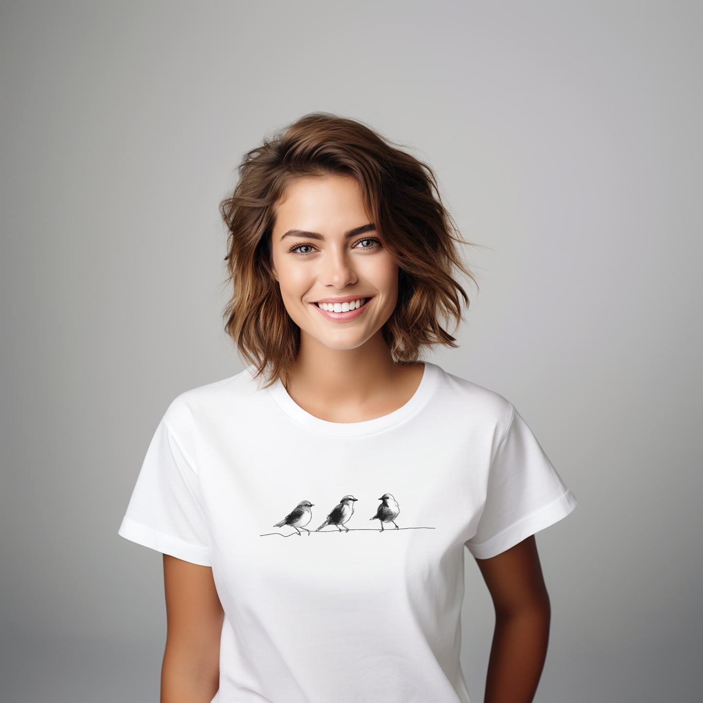 Baltų moteriškų marškinėlių minimalistinis piešinys su trijų paukščių kontūru iš IŠPARDAVIMAS / SALE - 65% kolekcijos