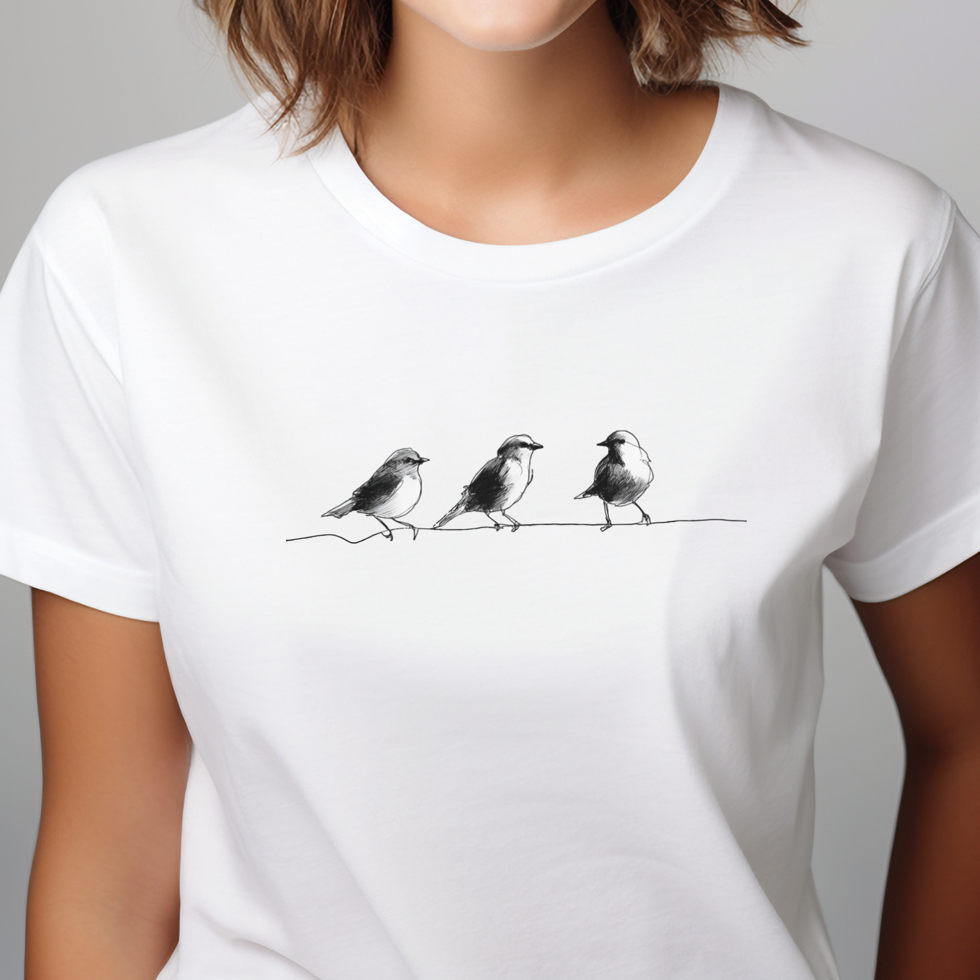 Balti moteriški marškinėliai su trijų minimalistinių paukščių piešiniu iš IŠPARDAVIMAS / SALE - 65% kolekcijos