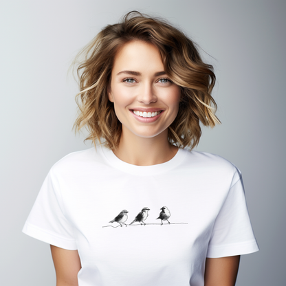 Balti moteriški marškinėliai su minimalistiniu trijų paukščių siluetu iš IŠPARDAVIMAS / SALE - 65% kolekcijos