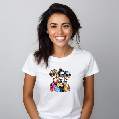 Moteriški marškinėliai “3 Sesutės” – stilingi balti marškinėliai su ryškiu trijų merginų piešiniu.