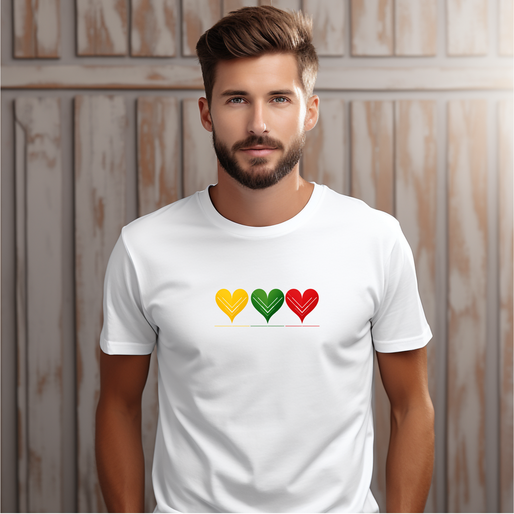 Baltos vyriškos marškinėliai su geltonos, žalios ir raudonos spalvų širdelėmis iš Vyrų kolekcijos Designedbyme.lt