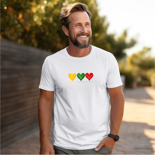 Balti vyriški marškinėliai su trijų spalvų geltona, žalia ir raudona širdimis iš Šv. Valentino kolekcijos