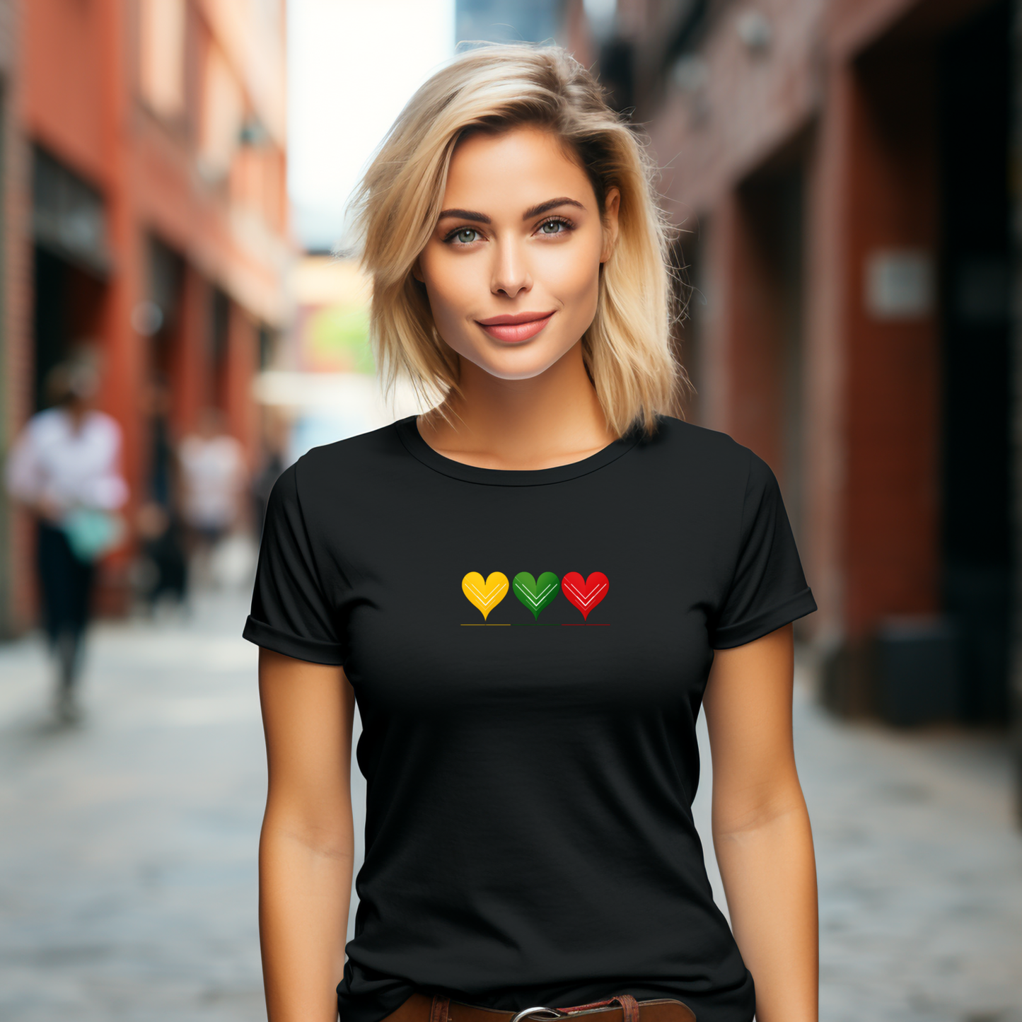 Juodi moteriški marškinėliai su trimis stilizuotomis širdimis geltonos, žalios ir raudonos spalvos iš Šv. Valentino kolekcijos