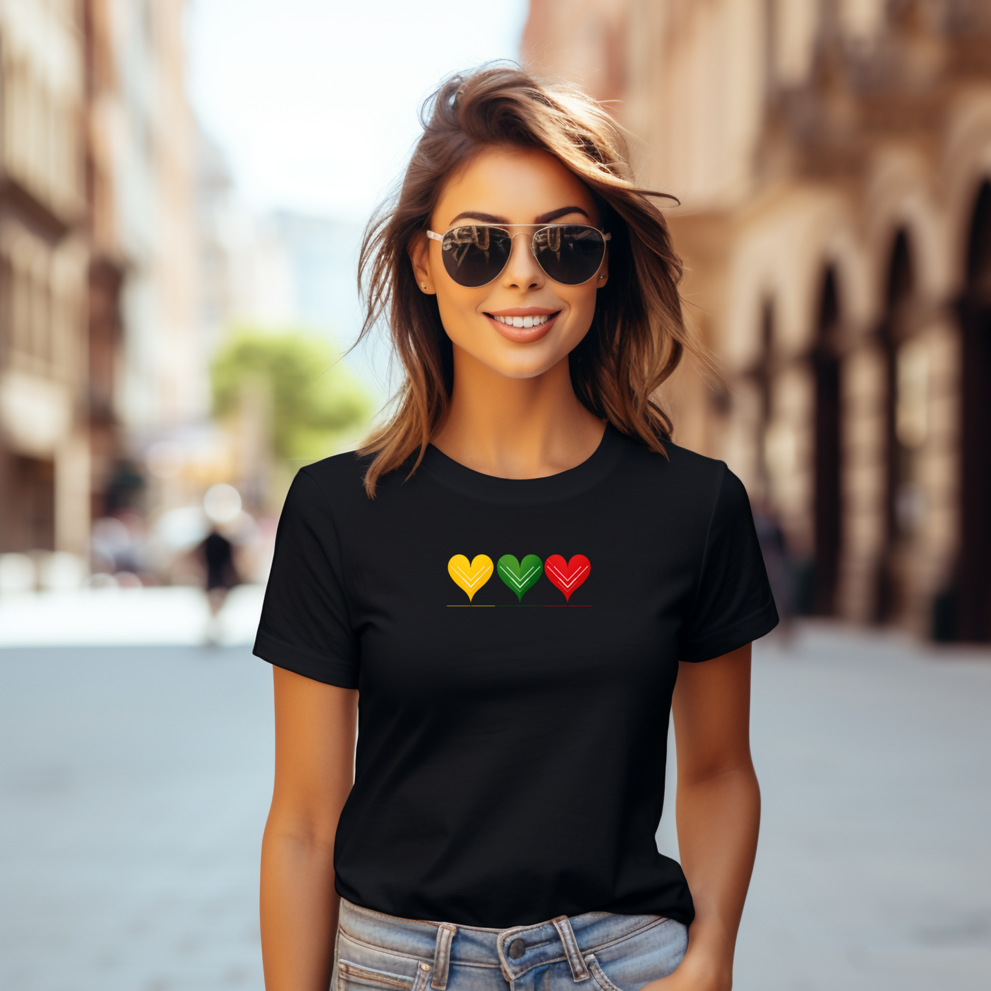 Juodi moteriški marškinėliai su trimis širdimis geltonos, žalios ir raudonos spalvos iš Šv. Valentino kolekcijos