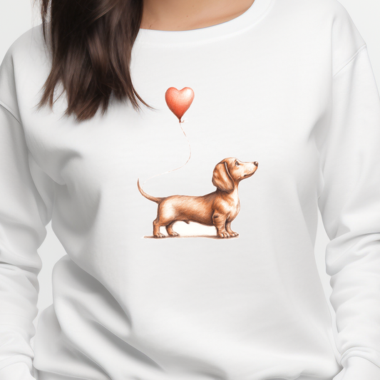 Balta moteriška palaidinė su šunelio piešiniu ir širdies formos balionėliu iš Naujausios džemperių kolekcijos 2026 metų