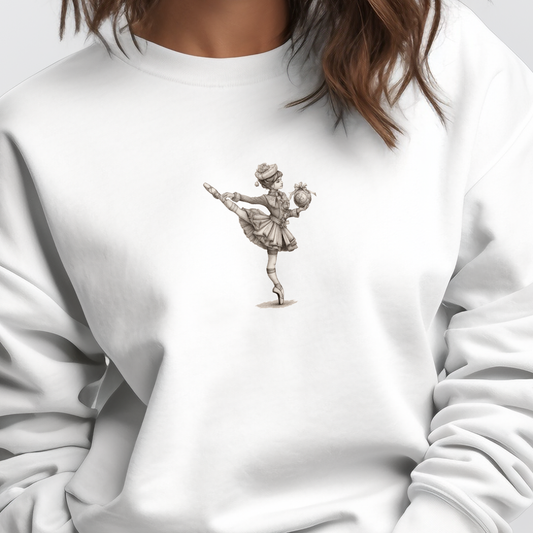 Balta moteriška palaidinė su subtiliu baleto šokėjos piešiniu iš Naujausi dizainai 2026 kolekcijos