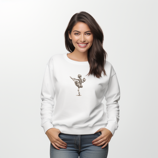 Balta moteriška palaidinė su minimalistiniu juoda balta vaikų futbolo žaidimo piešiniu iš Naujausi dizainai 2026 kolekcijos