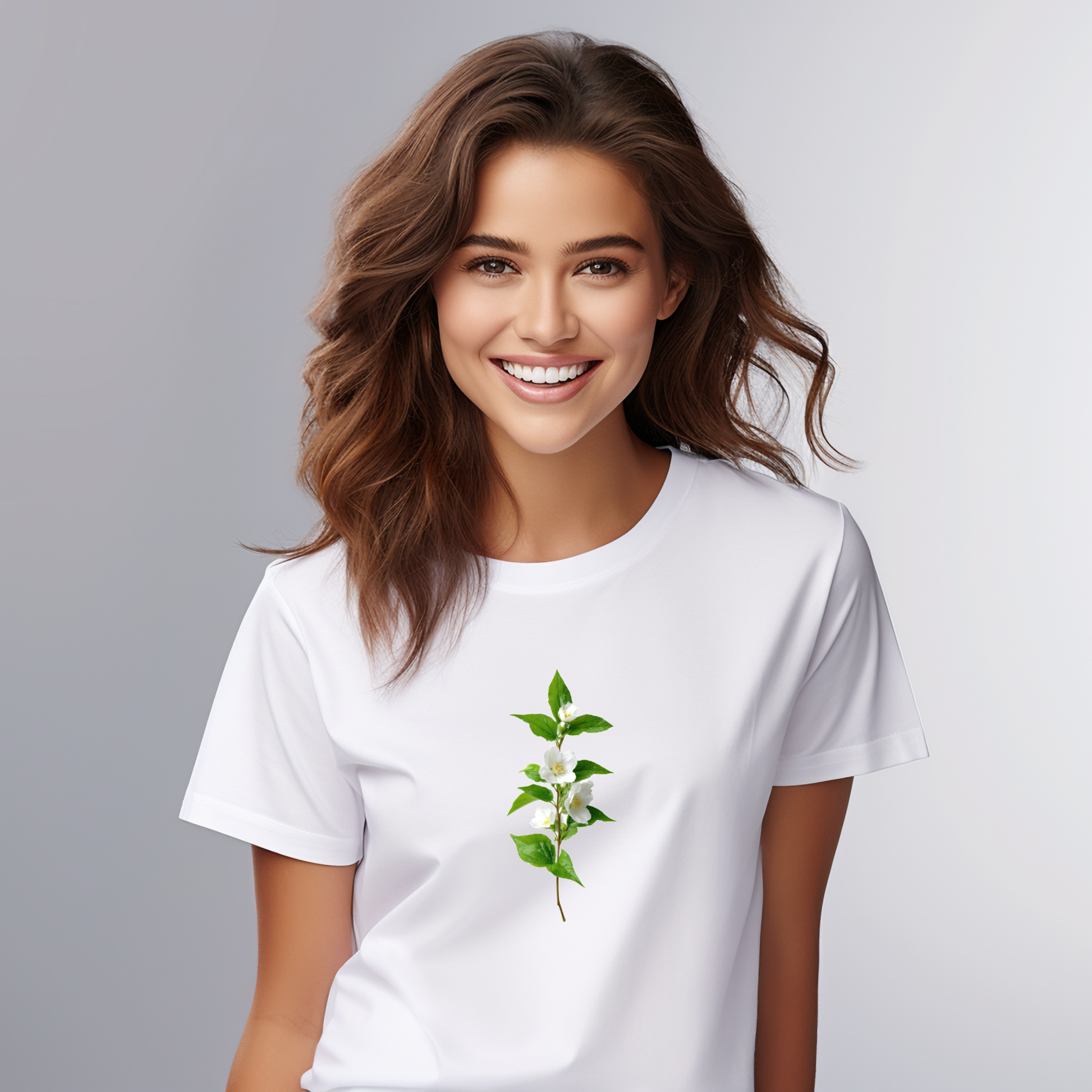 Balti moteriški marškinėliai su subtiliu žalios gėlės ir lapų piešiniu iš Naujausių dizainų 2026 kolekcijos