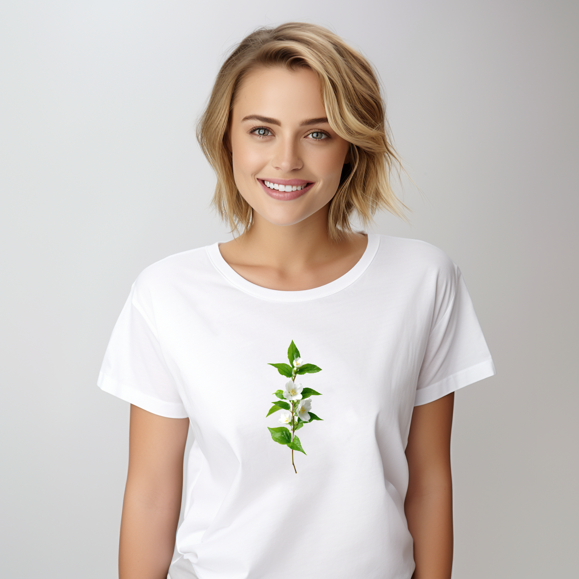 Balti moteriški marškinėliai su subtiliu žalios augalo šakelės piešiniu iš Naujausių dizainų 2026 kolekcijos