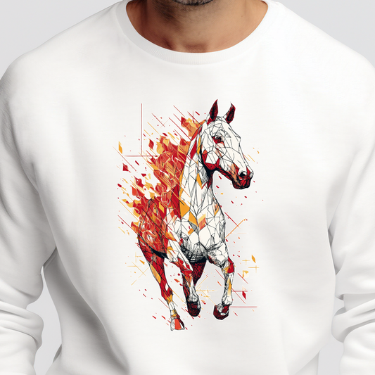 Balto vyriško džemperio priekinėje dalyje stilizuotas bėgantis arklys ugnies liepsnelių fone iš Naujausi dizainai 2026 kolekcijos