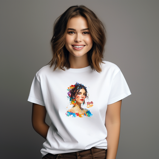 Balti moteriški marškinėliai su spalvingu moters portretu akvarelės stiliumi iš Naujausių dizainų 2026 kolekcijos