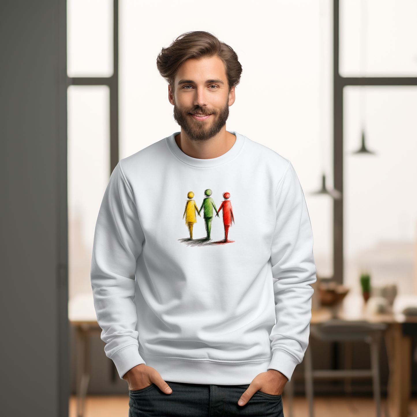 Baltas vyriškas džemperis su stilizuotų spalvotų figūrų piešiniu iš Naujausi dizainai 2026 kolekcijos