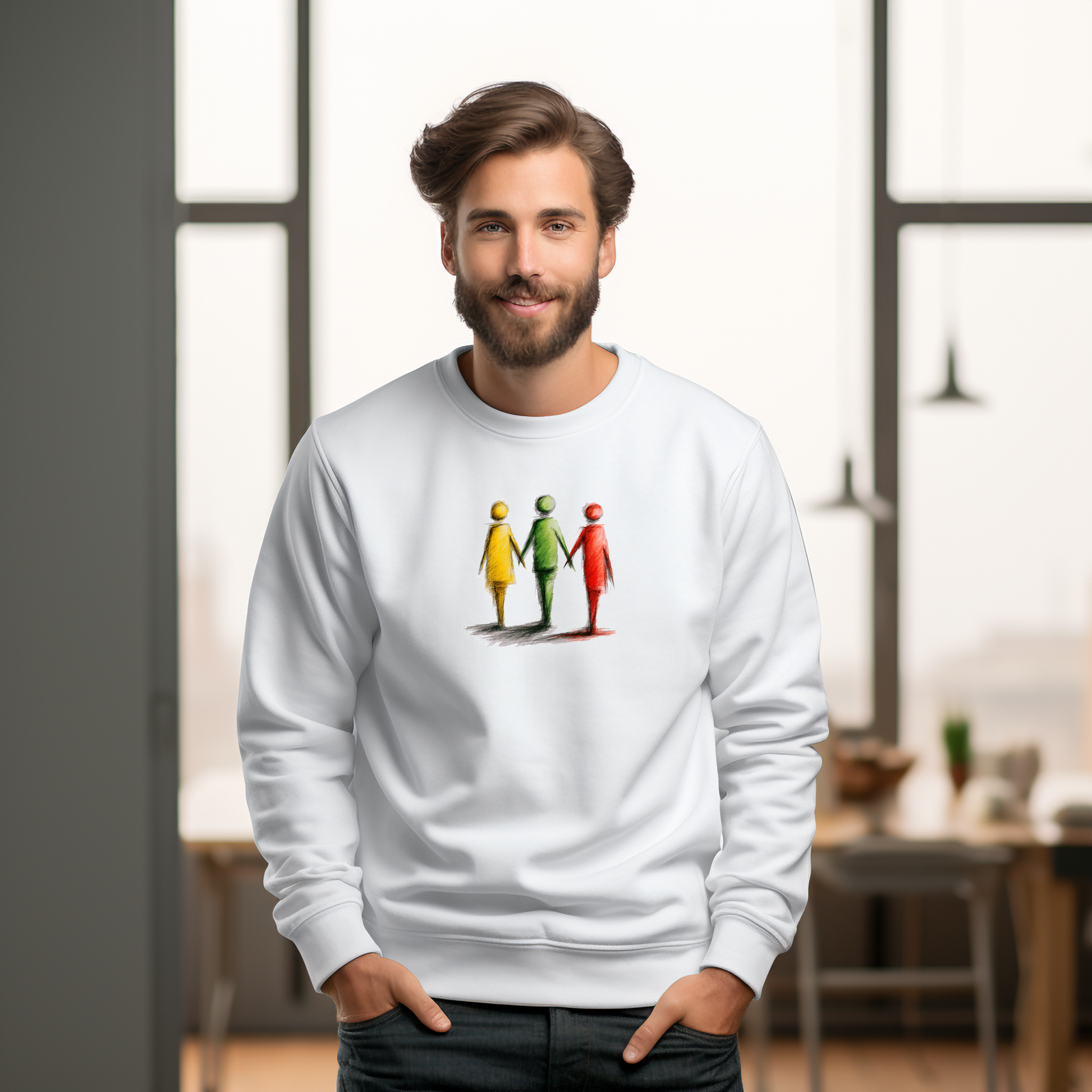Baltas vyriškas džemperis su stilizuotų spalvotų figūrų piešiniu iš Naujausi dizainai 2026 kolekcijos
