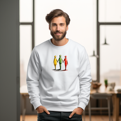 Baltas vyriškas džemperis su stilizuotų spalvotų figūrų piešiniu iš Naujausi dizainai 2026 kolekcijos