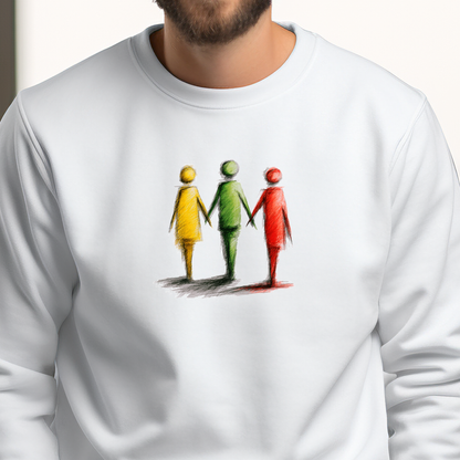 Baltas vyriškas džemperis su trijų spalvų stilizuotų figūrų piešiniu iš Naujausi dizainai 2026 kolekcijos