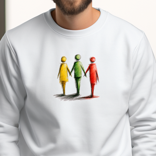 Baltas vyriškas džemperis su trijų spalvų stilizuotų figūrų piešiniu iš Naujausi dizainai 2026 kolekcijos