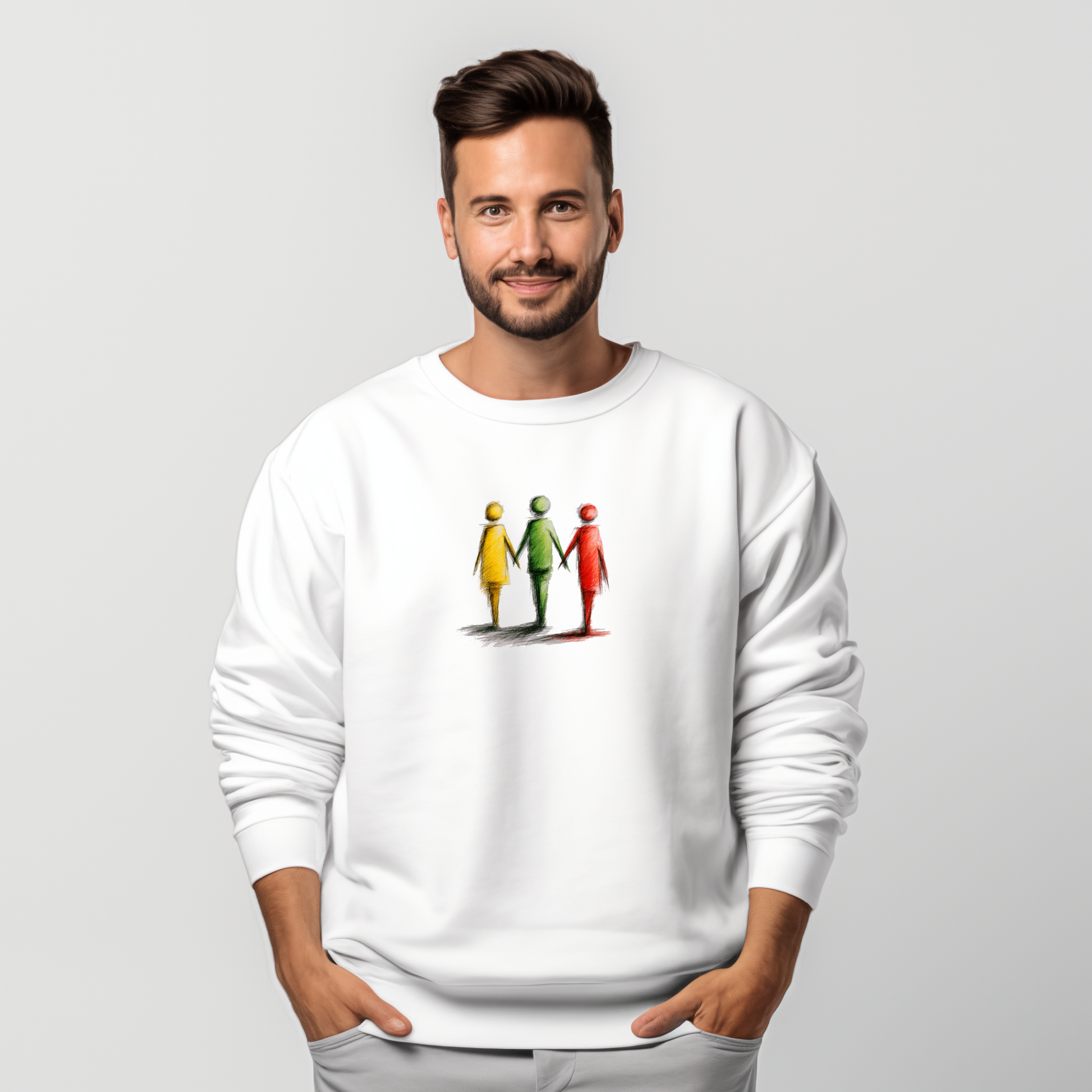 Baltas vyriškas džemperis su trijų spalvų stilizuotų žmonių figūrų piešiniu iš Naujausi dizainai 2026 kolekcijos