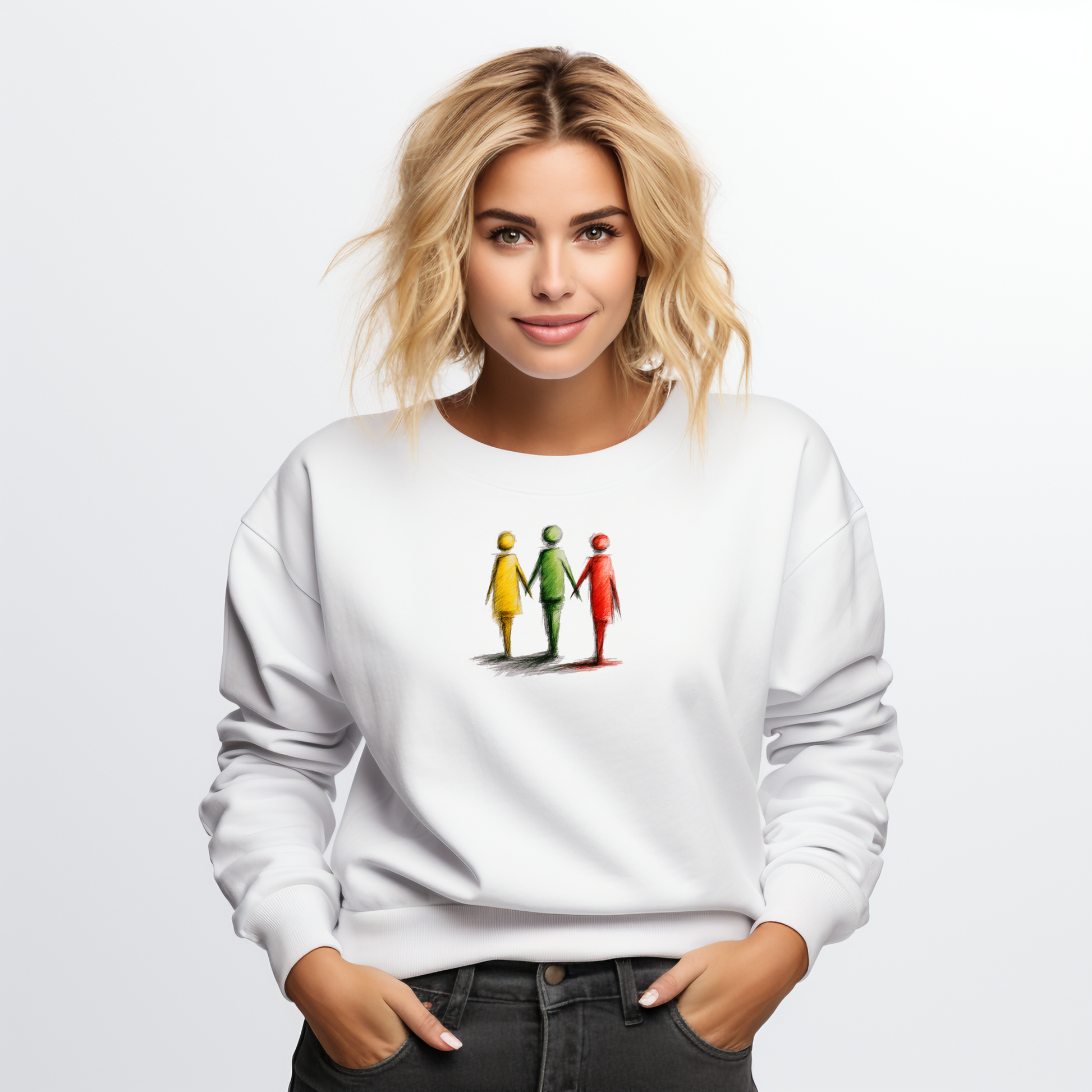 Baltas moteriškas džemperis su spalvotais stilizuotais žmonių siluetais iš Naujausi dizainai 2026 kolekcijos