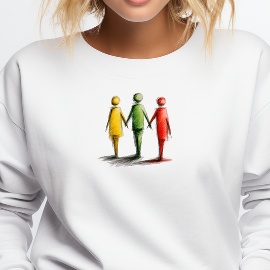 Baltas moteriškas džemperis su spalvotų figūrų simbolika iš Naujausi dizainai 2026 kolekcijos