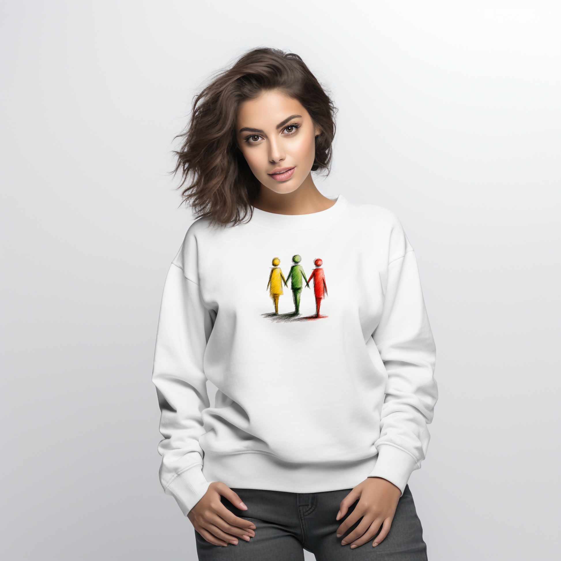 Baltas moteriškas džemperis su trijų spalvų stilizuotais žmonių siluetais iš Naujausi dizainai 2026 kolekcijos