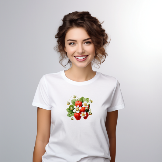 Moteriški marškinėliai „Braškės“ – stilingi balti marškinėliai su vasarišku braškių ir žiedų piešiniu.