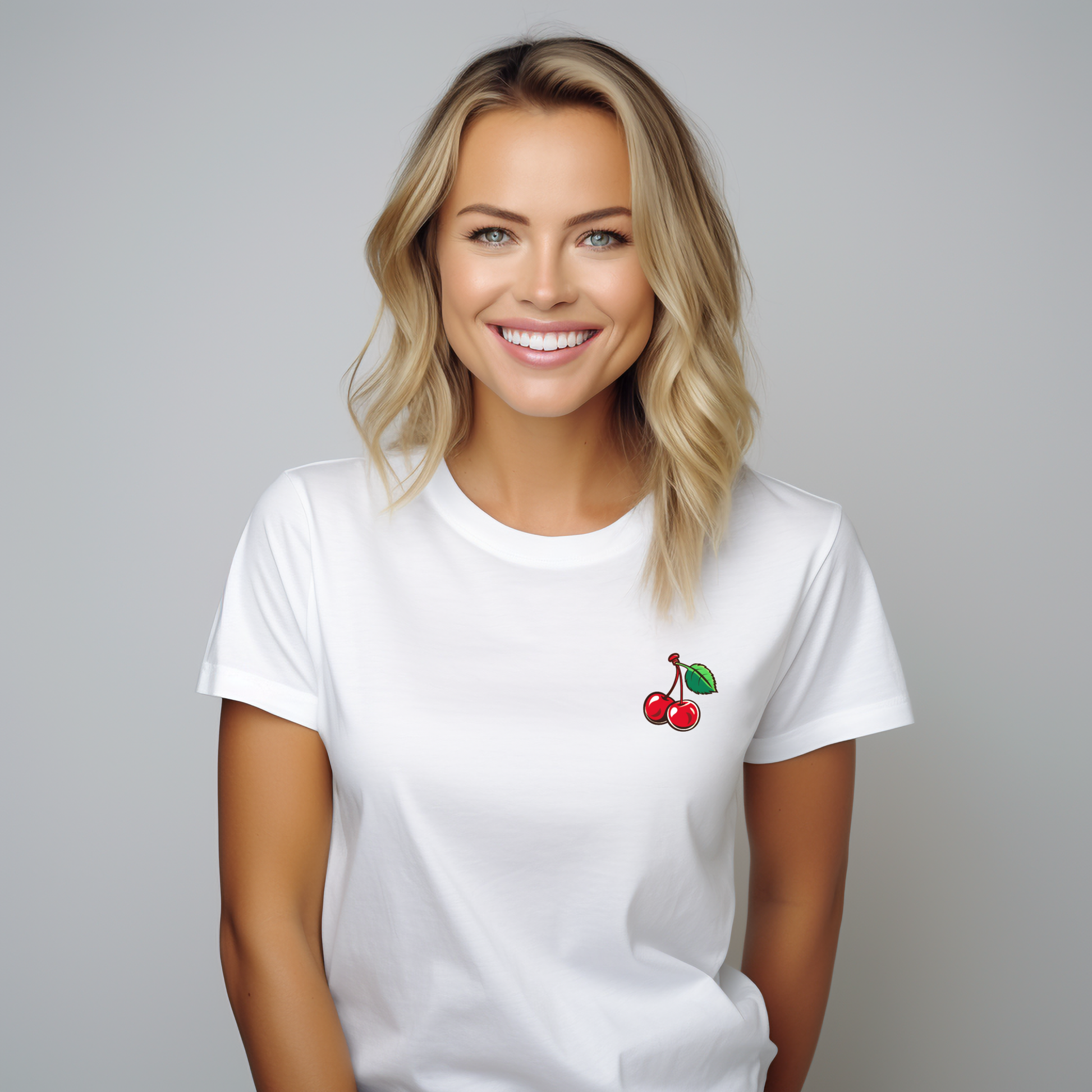 Balti moteriški marškinėliai su mažo vyšnių piešinio akcentu iš Vasaros kolekcijos 2024