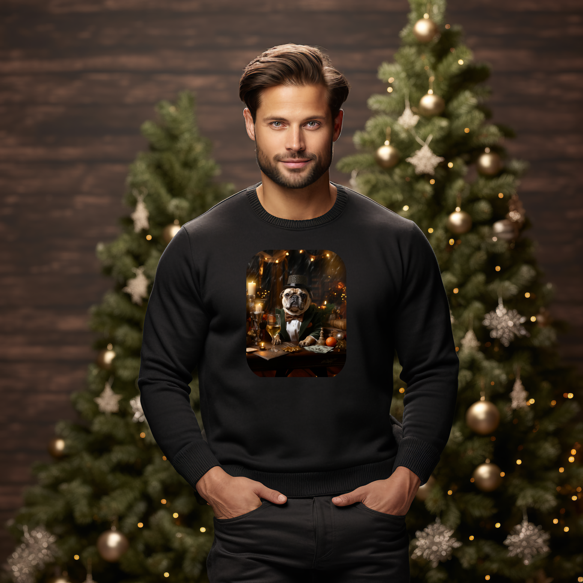 Vyriškas džemperis "Christmas Alone" su juoda spalva ir šuns nuotrauka su Kalėdiniais papuošimais, puošta eglutėmis fone. Ideali dovana žiemai iš Designedbyme.lt. Visi produktai, Vyriški džemperiai, Perkamiausi džemperiai.